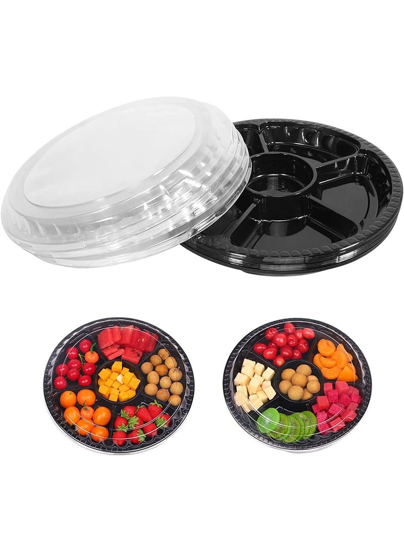 ChicAbode 16 Pcs Round Plastic Appetizer Tray with Lid,Divided Serving Tray, Disposable Food Storage Trays Containers, Plastic Tray Storage,Fruit Platter Trays for Buffet 10.4 Inch (Black, 16) - Image 1